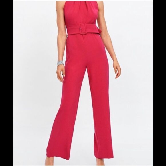 NWT ZARA fuchsia  high collar wide leg jumpsuit XS - Picture 1 of 10